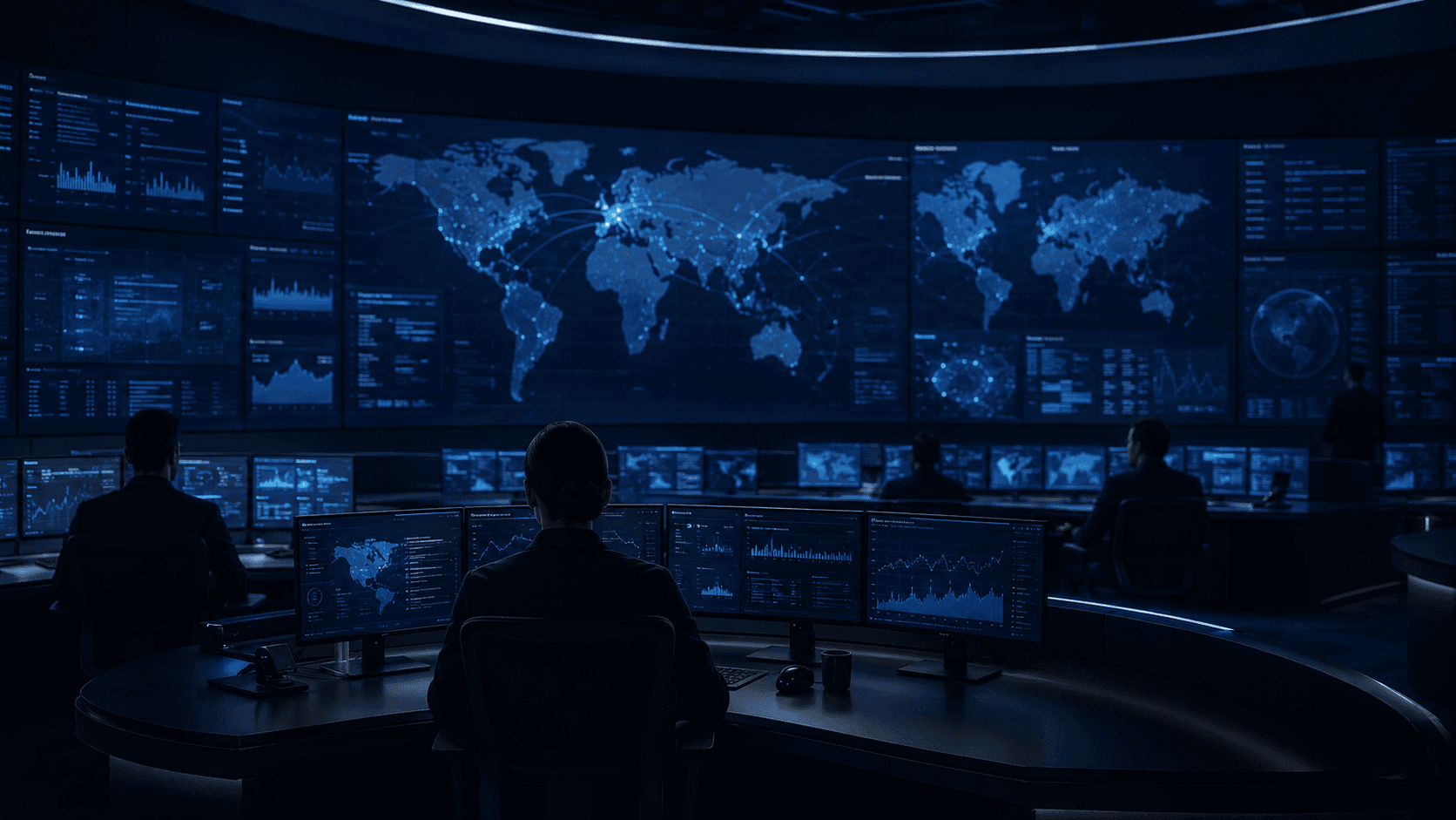 Cerberus government cyber operations centre with analysts monitoring global telemetry