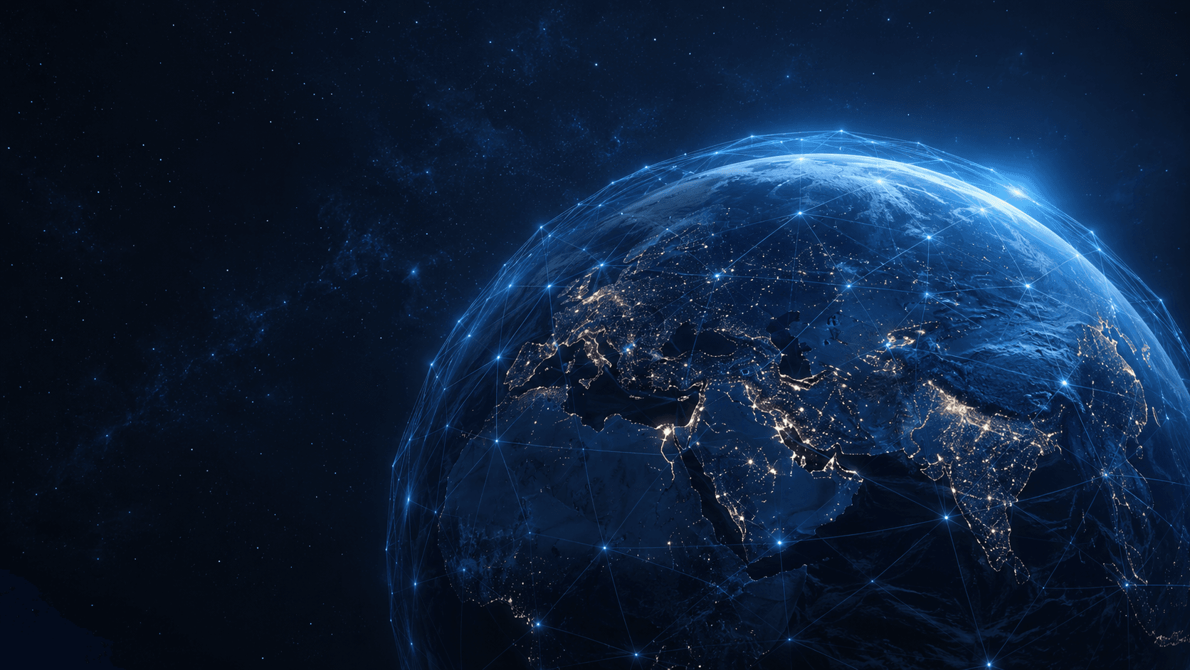 Earth from orbit encircled by a secure network lattice
